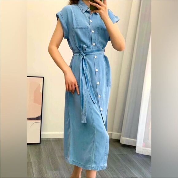 New Zara soft denim Shirt Midi Maxi belted Dress size Medium linen blend - Picture 1 of 13